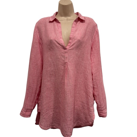 Gap Pink & White Linen Striped Tunic Blouse Size M Collared V Neck - Picture 1 of 7